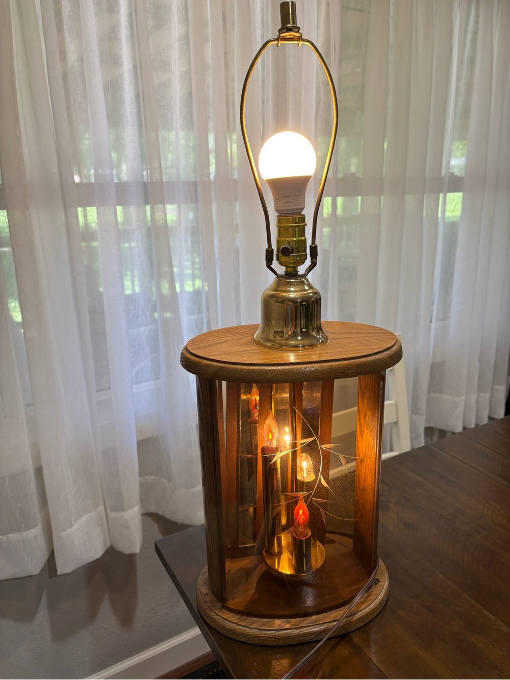 Don Ward 1970's Etched Amber Glass and Wood Lantern Table Lamp -  No shade